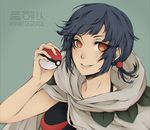  artist_name bare_arms black_hair cloak earrings eyes_visible_through_hair fire-akra hand_up higana_(pokemon) holding holding_poke_ball hood hood_down hooded_cloak jewelry lips looking_at_viewer low_ponytail orange_eyes parted_lips poke_ball poke_ball_(generic) pokemon pokemon_(game) pokemon_oras ponytail short_hair short_ponytail sleeveless smile solo upper_body 