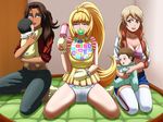  adult_baby amida_arca baby belt bib blonde_hair breasts brown_hair cleavage dark_skin diaper earrings god_hand_mar(artist) green_eyes gundam gundam_tekketsu_no_orphans heart heart_earrings jewelry kudelia_aina_bernstein lafter_frankland large_breasts long_hair midriff multiple_girls pacifier ponytail purple_eyes rattle short_shorts shorts thighhighs twintails underwear 