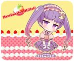  artist_name bangs blunt_bangs blush center_frills chibi closed_mouth commentary_request crescent crescent_hair_ornament eyebrows_visible_through_hair food frilled_hairband frills fruit hair_ornament hairband head_tilt kneeling long_hair looking_at_viewer marshmallow_mille no_shoes patchouli_knowledge pink_shirt pleated_skirt puffy_short_sleeves puffy_sleeves purple_eyes purple_hair purple_hairband purple_skirt shirt short_sleeves sidelocks skirt solo strawberry striped striped_legwear thighhighs touhou twintails very_long_hair whipped_cream 