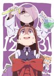  bound bright_pupils brown_hair collared_shirt commentary_request eyebrows_visible_through_hair freckles glasses grey_shirt grin hair_over_one_eye hairband hand_to_own_mouth highres kagari_atsuko little_witch_academia long_hair long_sleeves lotte_jansson multiple_girls neck_ribbon nervous_smile pac-man_eyes purple_hair purple_neckwear purple_ribbon purple_vest red_eyes restrained ribbon round_teeth sharp_teeth shirt sitting smile sucy_manbavaran sweat sweatdrop sweating_profusely tama_(tama-s) teeth tied_up vest vial wing_collar worried 