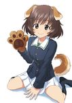  akiyama_yukari animal_ears arm_support bangs black_legwear blue_jacket boots brown_eyes brown_hair closed_mouth dog_ears dog_tail eyebrows_visible_through_hair full_body girls_und_panzer gloves green_shirt highres jacket kemonomimi_mode kuro_oolong long_sleeves looking_at_viewer messy_hair military military_uniform miniskirt no_shoes ooarai_military_uniform paw_gloves paws pleated_skirt shirt short_hair simple_background sitting skirt smile socks solo tail uniform wariza waving white_background white_skirt 