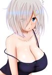  :o arms_at_sides bangs bare_shoulders blue_eyes blush breasts camisole cleavage collarbone commentary_request eyebrows_visible_through_hair eyelashes eyes_visible_through_hair hair_ornament hair_over_one_eye hairclip hamakaze_(kantai_collection) hifumi_kei highres kantai_collection large_breasts looking_at_viewer open_mouth shiny shiny_skin short_hair silver_hair simple_background solo spaghetti_strap strap_slip upper_body white_background 