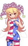  american_flag_dress american_flag_legwear bangs blonde_hair blush clownpiece cowboy_shot dress fairy_wings fang hagure_kedama hat jester_cap long_hair looking_at_viewer neck_ruff pantyhose parted_lips polka_dot purple_hat red_eyes short_dress simple_background sleeveless sleeveless_dress smile solo star star_print striped striped_dress striped_legwear touhou white_background wings 