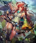  armor armpits asymmetrical_legwear bangs bare_shoulders bird blush branch breasts clenched_hand crown detached_sleeves feathers fingernails flower green_eyes hair_feathers hair_ornament holding holding_sword holding_weapon impossible_clothes katana large_breasts liduke long_hair looking_at_viewer official_art outdoors parted_lips red_hair sengoku_saga short_shorts shorts single_thighhigh solo standing sword thighhighs walking watermark weapon x_hair_ornament 