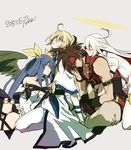  2girls ahoge aqua_eyes blonde_hair blue_hair bow brown_hair dizzy guilty_gear guilty_gear_xrd hair_bow halo hug hug_from_behind jack-o'_valentine ky_kiske maka_(morphine) multiple_boys multiple_girls red_eyes sitting sol_badguy white_hair wings 