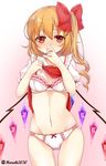  bangs blonde_hair blush bow bra breasts cameltoe cleavage commentary_request covered_mouth covering_mouth cowboy_shot crystal embarrassed eyebrows_visible_through_hair flandre_scarlet gradient gradient_background hair_between_eyes hand_over_own_mouth haruki_(colorful_macaron) looking_at_viewer navel panties pink_bra pink_panties puffy_short_sleeves puffy_sleeves raised_eyebrows red_bow red_eyes red_vest shirt shirt_lift short_hair short_sleeves side_ponytail simple_background small_breasts solo standing stomach thighs touhou twitter_username underwear vest white_shirt wings 