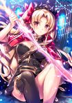  asymmetrical_legwear bangs black_legwear blonde_hair cape cowboy_shot earrings ereshkigal_(fate/grand_order) eyebrows_visible_through_hair fate/grand_order fate_(series) fukase_ayaka gold_trim hair_ribbon holding holding_weapon jewelry long_hair looking_at_viewer multicolored multicolored_cape multicolored_clothes necklace parted_bangs red_cape red_eyes red_ribbon ribbon single_thighhigh skull solo thighhighs thighs two_side_up weapon yellow_cape 