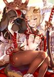  animal_ears ass bangs bell bell_choker black_legwear blonde_hair blunt_bangs blush choker detached_sleeves dog dog_ears dog_tail erune eyebrows_visible_through_hair granblue_fantasy japanese_clothes looking_at_viewer open_mouth pantyhose rope shimenawa short_hair solo sword tail vajra_(granblue_fantasy) weapon xephonia 