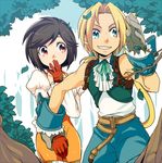  1girl black_hair blue_eyes brown_hair commentary_request final_fantasy final_fantasy_ix garnet_til_alexandros_xvii gloves holding_hands long_hair looking_at_viewer shirou_(vista) short_hair smile tail zidane_tribal 