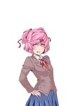  blue_skirt doki_doki_literature_club eyebrows_visible_through_hair frown hair_ornament hair_ribbon hairclip hands_on_hips hushabye jacket looking_at_viewer natsuki_(doki_doki_literature_club) neck_ribbon open_mouth pink_eyes pink_hair pleated_skirt ribbon school_uniform shirt short_hair simple_background skirt solo two_side_up white_background white_shirt 