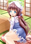  :d ahoge ass beret blue_dress blue_eyes blush board_game brown_hair commentary_request cushion day dress hair_ribbon hat highres hinatsuru_ai holding indoors long_hair long_sleeves looking_at_viewer looking_to_the_side low_twintails open_mouth puffy_short_sleeves puffy_sleeves ribbon ryuuou_no_oshigoto! school_uniform short_over_long_sleeves short_sleeves shougi sliding_doors smile solo twintails very_long_hair white_hat yellow_ribbon zabuton zenon_(for_achieve) 