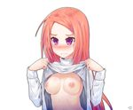  blush breasts closers commentary_request korean long_hair luna_aegis_(closers) mastgg medium_breasts nipples orange_hair purple_eyes ribbed_sweater shirt_lift solo sweater white_sweater 