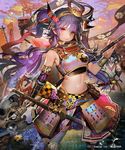  armor armpits bare_shoulders belt bracer cloud cloudy_sky contrapposto cowboy_shot detached_sleeves eyeshadow faulds hair_between_eyes hairband hand_up holding holding_weapon japanese_armor katana liduke long_hair looking_at_viewer makeup midriff multiple_girls navel official_art outdoors purple_hair red_eyes sengoku_saga sky solo_focus standing sword watermark weapon 