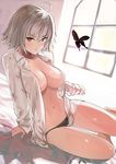  ahoge arm_support bangs bare_legs black_panties breasts bug butterfly eyebrows_visible_through_hair fate/grand_order fate_(series) hareno_chiame indoors insect jeanne_d'arc_(alter)_(fate) jeanne_d'arc_(fate)_(all) large_breasts leaning_back long_sleeves looking_at_viewer navel no_bra no_pants open_clothes open_shirt panties shirt short_hair silver_hair sitting solo underwear white_shirt window yellow_eyes yokozuwari 