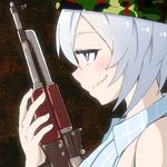  blue_eyes dennou_shoujo_youtuber_shiro from_side gun helmet kodachi_(kuroyuri_shoukougun) rifle shiro_(dennou_shoujo_youtuber_shiro) shirt short_hair sleeveless sleeveless_shirt virtual_youtuber weapon white_hair 