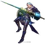  armor blue_hair boots coat full_body glasses glint greaves holding holding_weapon lance liduke looking_at_viewer male_focus monster_hunter official_art pants pauldrons plate polearm red_eyes shield simple_background solo standing standing_on_one_leg watermark weapon white_background 