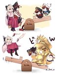  ahoge alternate_costume black_hair blonde_hair boots chibi commentary_request fate/grand_order fate_(series) hakama hat jacket japanese_clothes keikenchi_(style) kimono koha-ace multiple_girls oda_nobunaga_(fate) oda_uri okita_souji_(fate) okita_souji_(fate)_(all) omi_(tyx77pb_r2) red_eyes seesaw shako_cap shoes simple_background skirt sneakers sparkle twitter_username 