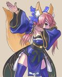 animal_ears bare_shoulders blue_dress blue_legwear blue_ribbon breasts cleavage commentary dab_(dance) detached_sleeves dress english_commentary fate/extra fate_(series) fox_ears fox_girl fox_tail highres japanese_clothes kimono long_hair long_sleeves medium_breasts pink_hair profitshame ribbon simple_background solo tail tamamo_(fate)_(all) tamamo_no_mae_(fate) thighs twintails yellow_eyes 