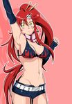  :&lt; armpits belt bikini_top black_gloves blush_stickers breasts cleavage commentary cuddlep00p elbow_gloves fingerless_gloves flame_print gloves hair_ornament hair_stick highres large_breasts long_hair navel ponytail red_hair scarf short_shorts shorts skull_hair_ornament solo stomach studded_belt studded_bracelet tengen_toppa_gurren_lagann underboob yellow_eyes yoko_littner 