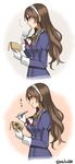  2koma ashigara_(kantai_collection) brown_eyes brown_hair comic ema from_side gloves hairband highres holding holding_pen kantai_collection long_hair pen remodel_(kantai_collection) tongue tongue_out translated twitter_username uniform upper_body wavy_hair white_gloves white_hairband yamashiki_(orca_buteo) 