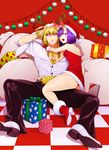  1girl :d alternate_costume ass back bangs bare_shoulders blonde_hair blush boots box bracelet breasts checkered checkered_floor christmas dress fang fate/grand_order fate_(series) fur_trim gift gift_box gloves hat horns jewelry looking_at_viewer necklace oni oni_horns open_mouth purple_eyes purple_hair red_dress red_footwear red_gloves sack sakata_kintoki_(fate/grand_order) santa_boots santa_costume santa_gloves santa_hat shiromako short_hair shuten_douji_(fate/grand_order) small_breasts smile strapless strapless_dress sunglasses 