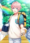  a3! backpack bag blue_eyes bridge commentary_request day eyebrows_visible_through_hair foreshortening forest highres looking_at_viewer male_focus nature official_art open_mouth outstretched_hand pink_hair rainbow reaching reaching_out sakisaka_muku smile solo water waterfall 