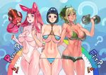  +_+ 3girls abs animal_ears blue_eyes blush_stickers bob_cut breasts bunny_ears dumbbell echidna f.s. goo_girl hairband hand_holding hand_on_another&#039;s_hip large_breasts long_hair meat melona menace micro_bikini monster_girl multicolored_hair multiple_girls pink_hair pointy_ears prehensile_hair queen&#039;s_blade red_eyes revealing_clothes short_hair sideboob swimsuit toned underboob 