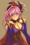  breasts cleavage commentary_request covered_nipples dango detached_collar detached_sleeves earrings fate/grand_order fate_(series) food highres jewelry large_breasts looking_at_viewer magatama miyamoto_musashi_(fate/grand_order) osabachan pendant pink_hair purple_eyes solo wagashi wide_sleeves 