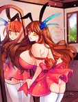  1girl animal_ears ass bare_shoulders blade_&amp;_soul breasts brown_hair bunny_ears commission erect_nipples female from_behind hair_ornament hodan_(cyzhfl) huge_breasts indoors leaning_forward long_hair looking_at_viewer looking_back miniskirt mirror orange_eyes ribbon sideboob skirt solo standing thighhighs thighs white_legwear 