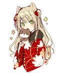  animal bad_id bad_pixiv_id bangs blonde_hair blush colored_eyelashes covered_mouth dog eyebrows_visible_through_hair floral_print flower fur_collar green_eyes hair_between_eyes hair_bun hair_flower hair_ornament highres holding holding_animal japanese_clothes kimono long_hair long_sleeves mafuyu_(chibi21) original print_kimono red_flower red_kimono side_bun simple_background sketch sleeves_past_wrists solo very_long_hair white_background wide_sleeves 