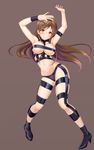  absurdres armpits arms_up bare_shoulders black_footwear blush boots breasts brown_background brown_eyes brown_hair collarbone commentary_request dancing high_heel_boots high_heels highres hips hot_limit idolmaster idolmaster_cinderella_girls large_breasts legs long_hair navel nitta_minami revealing_clothes simple_background smile solo t.m.revolution taka_(takahirokun) thighs 