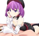  arm_support ass bare_shoulders black_panties book detached_collar detached_sleeves dress fate/grand_order fate_(series) hat helena_blavatsky_(fate/grand_order) highres lying manabebebe on_stomach panties purple_eyes purple_hair short_hair solo strapless strapless_dress tree_of_life underwear white_sleeves 