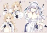  :d anchor apron azur_lane bangs belfast_(azur_lane) black_gloves blonde_hair blush braid breasts brown_eyes capelet chain cleavage cleveland_(azur_lane) collar collarbone commentary corset embarrassed eyebrows_visible_through_hair fingerless_gloves french_braid frilled_apron frills full-face_blush gloves hair_ornament large_breasts long_hair looking_at_viewer maid maid_apron maid_headdress multiple_girls multiple_views nakayama_miyuki nervous_smile no_bra nose_blush one_side_up open_mouth parted_bangs silver_hair small_breasts smile sweat teeth underboob upper_body white_apron 