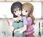  ;o apron arm_around_shoulder arm_around_waist bangs black_hair blush brown_eyes brown_hair brown_legwear bubble chopsticks collarbone commentary_request eye_contact eyebrows_visible_through_hair faucet frilled_shirt frills green_apron hand_up highres holding holding_chopsticks indoors kitchen ladle long_hair looking_at_another multiple_girls official_art one_eye_closed open_mouth original pink_shirt purple_shirt shirt short_sleeves sink spatula surprised tenrai very_long_hair wavy_mouth window yuri 