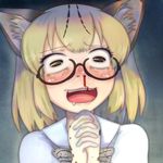  :d animal_ears blonde_hair blood blush bow bowtie brown-framed_eyewear brown_eyes cat_ears commentary_request drooling eyebrows_visible_through_hair glasses horizontal_pupils kemono_friends margay_(kemono_friends) nose_blush nosebleed open_mouth saliva shirt smile solo t_jiroo_(ringofriend) upper_body white_shirt 