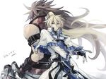  back-to-back belt blonde_hair brown_hair capelet fingerless_gloves gloves guilty_gear guilty_gear_xrd hair_ribbon holding holding_sword holding_weapon ky_kiske long_hair maka_(morphine) multiple_belts multiple_boys ponytail ribbon signature sol_badguy spiked_hair sword weapon 