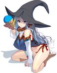  bare_shoulders blue_eyes blue_hair boots breasts brown_footwear detached_sleeves eyebrows eyebrows_visible_through_hair hat highres large_breasts long_hair looking_at_viewer masao nipples original parted_lips seiza shadow sitting solo staff thighs very_long_hair witch_hat 