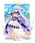  absurdly_long_hair barefoot blurry blurry_background breasts dress drill_hair full_body grey_hair hair_wings halo long_hair looking_at_viewer nyori original outdoors puffy_short_sleeves puffy_sleeves purple_eyes short_sleeves small_breasts solo standing very_long_hair white_dress 
