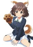  akiyama_yukari animal_ears arm_support bangs black_legwear blue_jacket boots brown_eyes brown_hair closed_mouth dog_ears dog_tail eyebrows_visible_through_hair full_body girls_und_panzer gloves green_shirt highres jacket kemonomimi_mode kuro_oolong long_sleeves looking_at_viewer messy_hair military military_uniform miniskirt no_shoes ooarai_military_uniform paw_gloves paws pleated_skirt shirt short_hair simple_background sitting skirt smile socks solo tail uniform wariza waving white_background white_skirt 