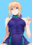  artoria_pendragon_(all) bare_shoulders blonde_hair blue_background blue_eyes blush breasts competition_swimsuit covered_navel covered_nipples fate/stay_night fate_(series) looking_at_viewer one-piece_swimsuit saber simple_background small_breasts solo swimsuit zucchini 