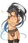  armband azur_lane black_garter_belt black_hair breast_squeeze breasts brown_eyes closed_mouth color_guide commentary_request contrapposto crotchless_panties garter_belt hair_flaps hair_ribbon highres inverted_nipples large_breasts long_hair navel nipples panties ponytail pubic_hair pussy ribbon self_hug simple_background sketch solo standing takao_(azur_lane) thighhighs underwear very_long_hair wa_(genryusui) white_background white_ribbon 