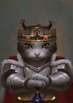  breastplate cape cat cat_focus cjh123456 closed_mouth clothed_animal commentary_request crown fur-trimmed_cape fur_trim gem green_eyes grey_background highres looking_at_viewer no_humans original red_cape sword upper_body vambraces weapon whiskers 