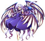  absurdly_long_hair angel_wings baba_(baba_seimaijo) barefoot blue_hair commentary_request dress earrings full_body highres jewelry long_hair long_sleeves multiple_wings sariel solo staff touhou touhou_(pc-98) transparent_background very_long_hair wings 