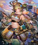  armor armpits bare_shoulders belt blue_sky bracer cloud cloudy_sky contrapposto cowboy_shot detached_sleeves eyeshadow faulds gradient_hair green_hair hair_between_eyes hairband hand_up holding holding_weapon japanese_armor katana liduke long_hair looking_at_viewer makeup midriff multicolored_hair multiple_girls navel official_art outdoors pink_eyes sengoku_saga sky solo_focus standing sword watermark weapon 