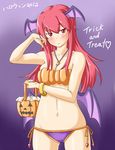  bare_shoulders basket bikini blush breasts cleavage collarbone commentary_request cowboy_shot eyebrows_visible_through_hair halloween hand_on_own_cheek heart highres jack-o'-lantern jewelry koakuma light_smile long_hair looking_at_viewer low_wings navel necklace panties purple_background rabinidaddo red_eyes red_hair side-tie_panties simple_background slit_pupils swimsuit touhou trick_or_treat underwear wings 
