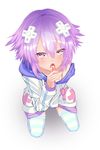  ayano_(netin) blush d-pad d-pad_hair_ornament hair_ornament hood hooded_track_jacket jacket kneeling licking looking_at_viewer neptune_(choujigen_game_neptune) neptune_(series) purple_eyes purple_hair sexually_suggestive solo striped striped_legwear suggestive_fluid tongue tongue_out track_jacket 