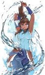  armband armpits avatar_(series) blue_eyes commentary covered_navel dark_skin element_bending highres kenshin187 korra looking_at_viewer pelt sash simple_background sleeveless smile solo the_legend_of_korra water 