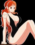  1girl artist_request black_dress breasts brown_eyes cleavage dress highres large_breasts long_hair nail_polish nami_(one_piece) one_piece orange_hair pearls sideboob sitting smile solo web_address 