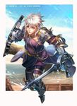  armor belt blue_sky boots brown_eyes closed_mouth coat earrings full_body gauntlets headband holding holding_sword holding_weapon jewelry left-handed liduke looking_at_viewer male_focus metal_boots monster_hunter official_art pants purple_pants shield silver_hair sky solo sword water watermark weapon 