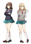  :d aqua_skirt arm_behind_back black_sweater blonde_hair blush breasts brown_footwear brown_hair closed_mouth crossed_arms eyebrows_visible_through_hair full_body grey_sweater kneehighs kurata_rine legs_apart loafers long_hair long_sleeves looking_at_viewer miniskirt multiple_girls necktie open_mouth original pleated_skirt red_neckwear school_uniform shoes sidelocks simple_background skirt small_breasts smile standing sweater tareme white_background white_legwear wing_collar 